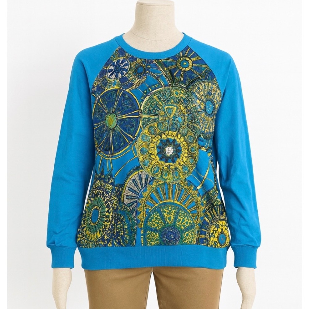 DG2 Diane Gilman Top‎ Womens M Blue Multicolor Graphic Print Long Sleeve Boho